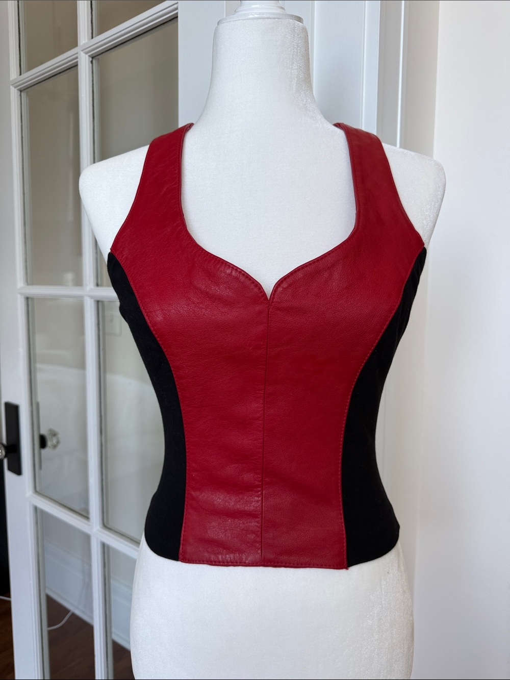 Vintage Genuine Leather Red and Black Leather-Panel Tank Top